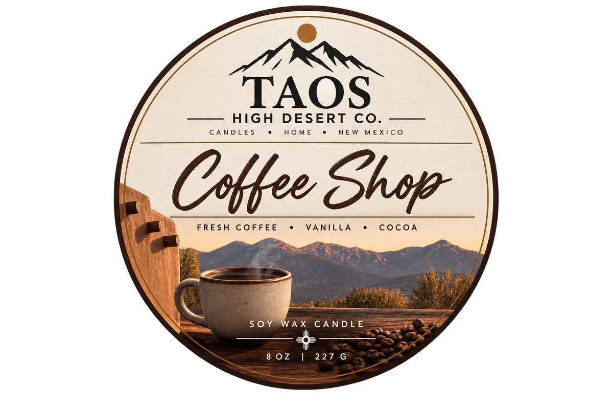 Coffee Shop 8oz soy wax candle label by Taos High Desert Co.