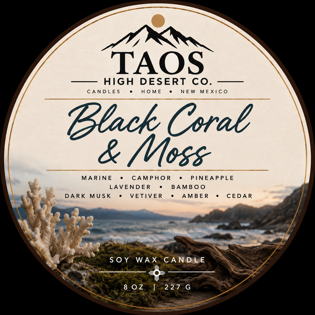 Black Coral & Moss soy wax candle label