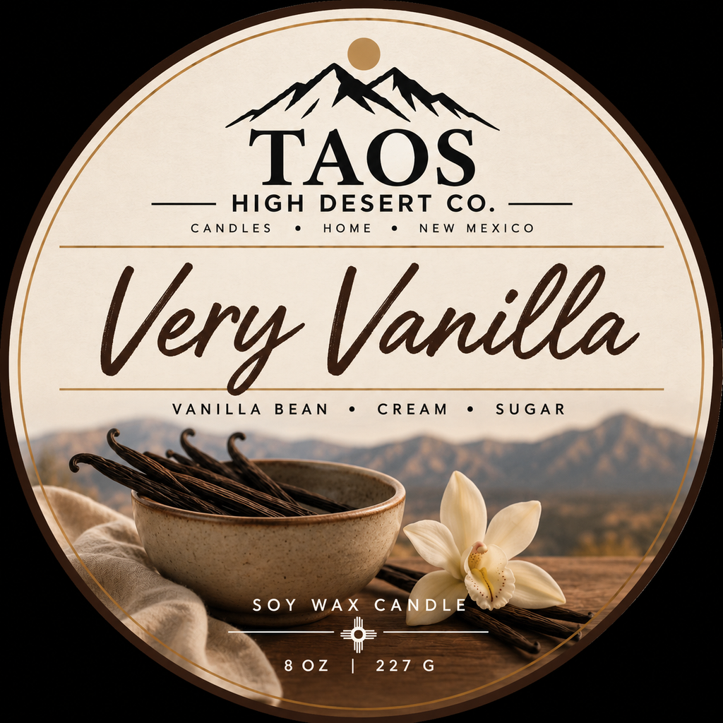 Very Vanilla 8oz soy wax candle label by Taos High Desert Co.
