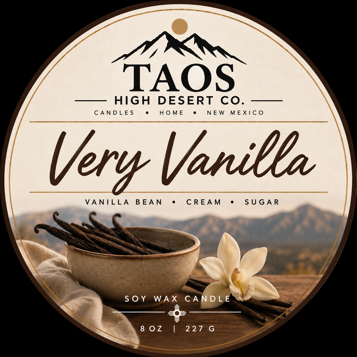 Very Vanilla 8oz soy wax candle label by Taos High Desert Co.